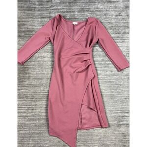 Love J Dress Womens Small Pink V-Neck Mini Asymmetrical Hem 3/4 Sleeve Polyester